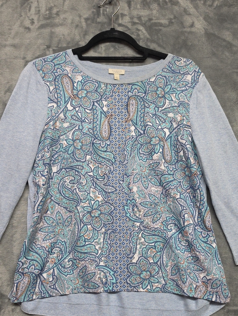 Talbots Light Blue Paisley Floral Scoop Neck Sweater Sz SP
